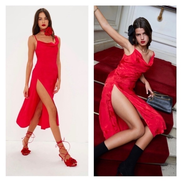 For Love And Lemons Dress Ilana Midi Asymmetric Slip in Jacquard Red - Picture 2 of 13